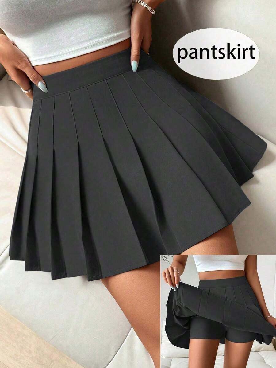 Falda pantalón casual de talle alto con pliegues y rayas para mujer - Negro 2 - Ver 1