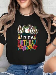 Aloha-Themed T-Shirt, Suitable For Both Men And Women, With A Birthday Design Featuring Tropical Flowers, Hats, And Drink Designs. Machine Washable, Comfortable, And Breathable, Perfect For St. Patrick's Day And Also A Great Gift Option - Unisex Loose-Fitting Cotton T-Shirt With Short Sleeves And A Crew Neck, Urban Vintage Style. - 黑色 - 查看 6