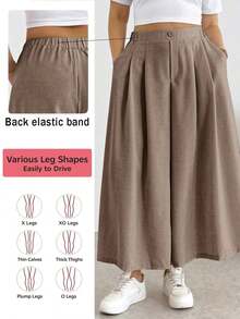 Pantalones/faldas cortas plisadas de cintura elástica, cómodos y sueltos, de estilo básico y versátil, para uso diario, que estilizan la figura, en color albaricoque, para mujeres de talla grande, para primavera/verano - Caqui 3 - Ver 6