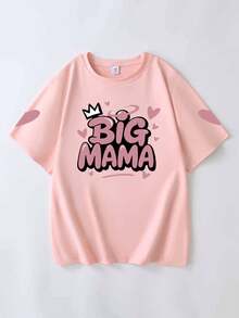 Camiseta de manga corta casual para mujer de talla grande - Patrón de abuela corona y corazón, estampado geométrico, cuello redondo transpirable, lavable a máquina, cómoda para todas las estaciones, rosa de moda para verano - Rosa - Ver 2