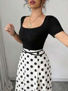 YHHRafferiza Petite Vestido midi de mujer con escote cuadrado y mangas cortas con estampadoYHH - Multicolor 2 - Ver 4