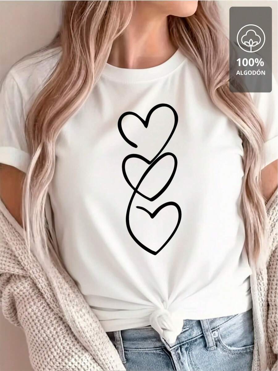 Tela para camiseta con contorno negro de triple corazones - 100% algodón - Blanco - Ver 1