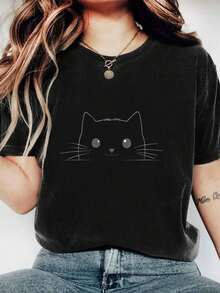 100% cotton Camiseta de gato minimalista para mujer, estilo casual y cómoda, ideal para amantes de los gatos, disponible en talla S, M, L; color negro.Ropa moderna,  de moda. - Negro - Ver 1