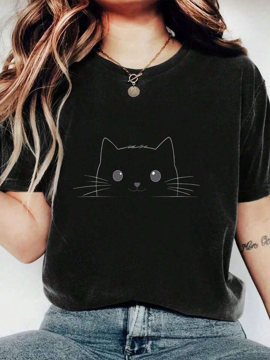 100% cotton Camiseta de gato minimalista para mujer, estilo casual y cómoda, ideal para amantes de los gatos, disponible en talla S, M, L; color negro.Ropa moderna,  de moda. - Negro - Ver 1