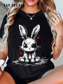 100% cotton Moderno y atrevido T-Shirt de conejo estampado vintage con diseño gráfico único para mujeres jóvenes interesantes en negro, ideal para ocasiones casuales o salidas creativas.Disponible en tamaños variados, camiseta de estilo urbano y casual, de moda. - Negro - Ver 8