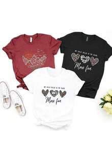 Camiseta de mujer a 2026, 3 pieza de camiseta casual de manga corta para mujer, estampada con motivos de montañas y pájaros, patrones de corazón y texto con estampado de leopardo, camiseta de mujer de manga corta con cuello redondo, top deportivo casual transpirable de algodón puro, regalo para vacaciones. - Negro - Ver 8