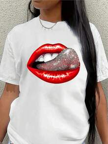 Lightweight And Durable Short-Sleeved T-Shirt With A Striking Red Lip Design, Perfect For Casual Outings At Home Or In A Restaurant, Combining Fashion And Comfort For Everyday Wear. - 白色 - 查看 7