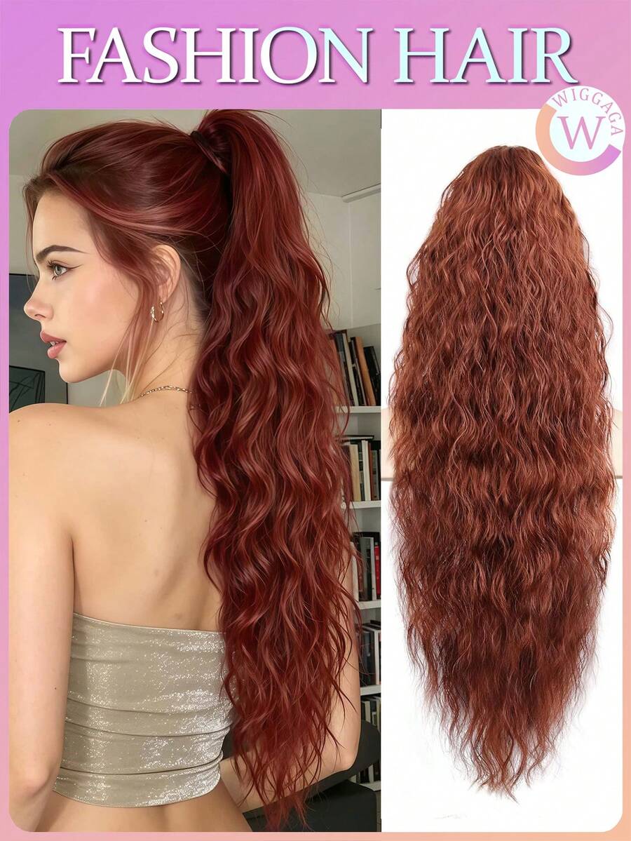 Tóc nối tổng hợp WIGGAGA 30 inch màu ombre xám/nâu highlight/cam highlight/cam gợn sóng, phù hợp cho nữ, kiểu tóc đuôi ngựa kẹp đa năng, sóng vàng tự nhiên cho sử dụng hàng ngày và các dịp đặc biệt, phụ kiện tóc đuôi ngựa chất lượng cao. - Màu Cam cháy - Xem 1