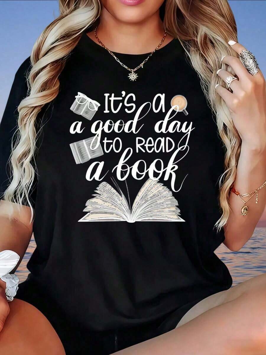 Camiseta Gráfica "Es un buen día para leer un libro" para mujer, casual, de manga corta, con diseño de libro y gafas para amantes de la lectura, temática de lectura, camiseta para mujer. - Negro - Ver 1