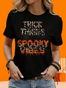 Camiseta de manga corta para mujer, para ocio al aire libre y en casa, con estampado de leopardo de Halloween, estilo divertido y temático de terror, ideal como regalo para fiestas y vacaciones. - Negro - Ver 4