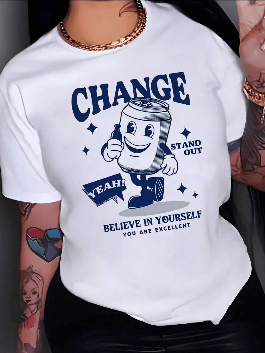 Smiling Can Holding Up A Bottle Symbolizing Energy, Optimism, And Self-Confidence, Accompanied By Motivational Phrases That Inspire Overcoming Challenges And Joy. Women's Casual, Modern, Comfortable T-Shirt For Everyday Wear - 白色 - 查看 1