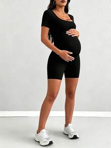 Maternity Solid Color Casual Everyday Romper Black Summer - Black - View 4