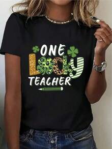Casual Algodón Camiseta % Algodón Para Mujer, Con La Frase One Lucky Teacher (Día De San Patricio), Diseño Sarcástico Y Divertido Con Estampado De Trébol De Leopardo. Cómoda Camise - Negro - Ver 7