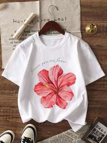 Camiseta de manga corta para mujer con estampado floral de hibisco en acuarela, diseño sencillo y versátil, ropa de verano para estar en casa, estilo vacacional, corte holgado, transpirable, - Blanco - Ver 6