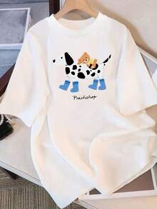 Women's Casual Cotton Crew Neck T-Shirt - Fun Cartoon Cow And Dog Print, Loose-Fitting Casual Top With A Crew Neck, Breathable And Machine Washable, Suitable For Everyday Wear, Perfect For Summer. | Unique Design Shirt | Comfortable Fabric, Women's T-Shirt. Simple T-Shirt For Everyday Wear. - 白色 - 查看 1