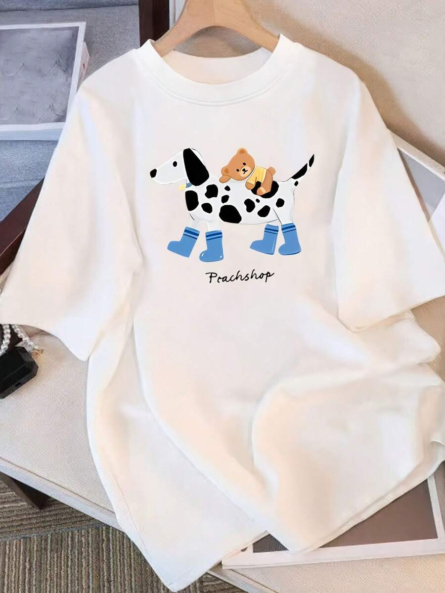 Women's Casual Cotton Crew Neck T-Shirt - Fun Cartoon Cow And Dog Print, Loose-Fitting Casual Top With A Crew Neck, Breathable And Machine Washable, Suitable For Everyday Wear, Perfect For Summer. | Unique Design Shirt | Comfortable Fabric, Women's T-Shirt. Simple T-Shirt For Everyday Wear. - 白色 - 查看 1