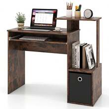 Space-Saving Computer Desk With Open Shelf And Fabric Storage Drawer - Brown - View 8