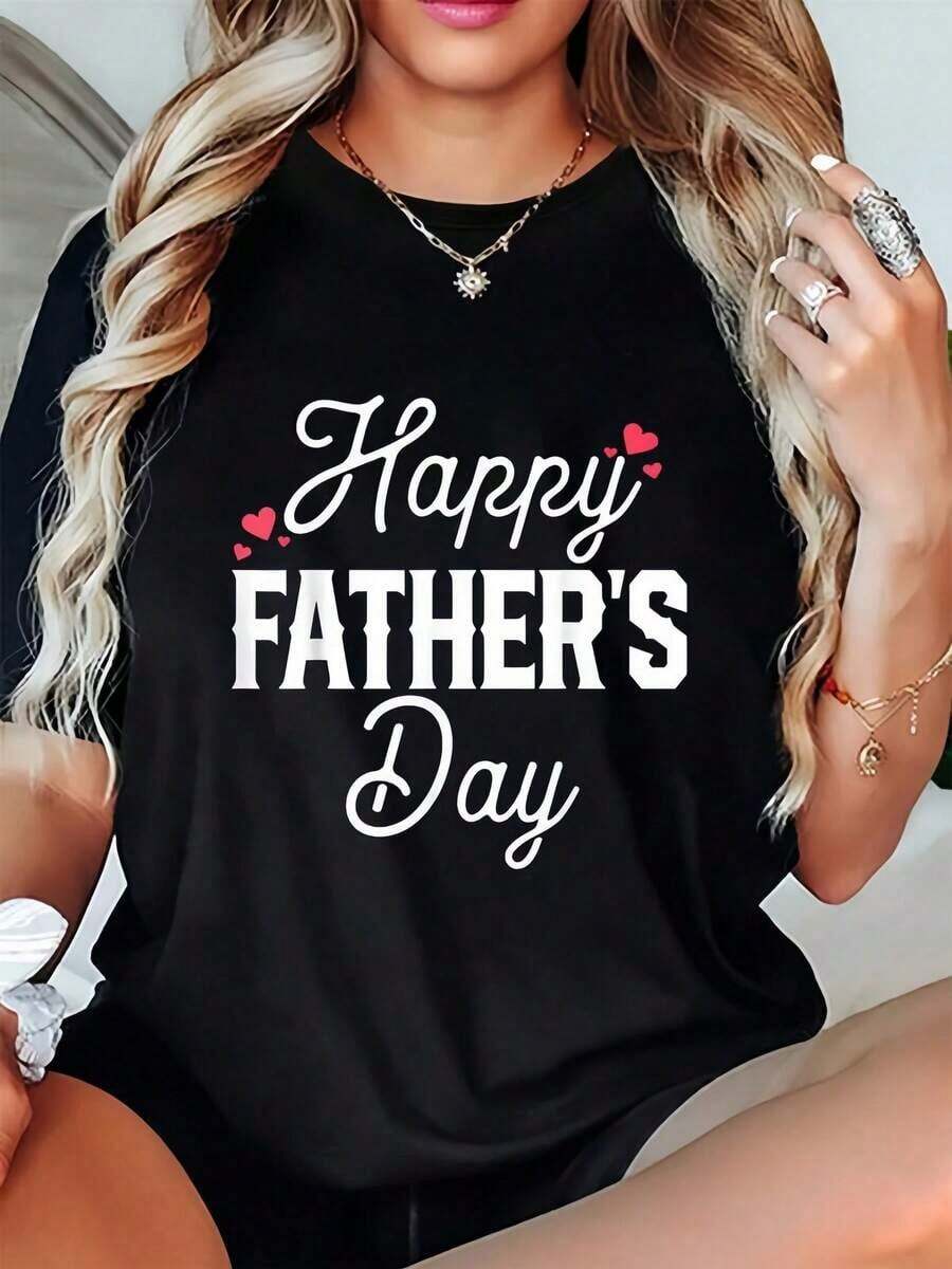 Regalo: 1 camiseta de mujer con estampado 'Feliz Día del Padre', cuello redondo, camiseta casual de algodón, tejido de punto de elasticidad media, corte regular para damas, para primavera/verano/otoño, suave. - Negro - Ver 1