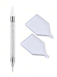 Includes 1pc Nail Art Rhinestone Dotting Pen And 2pcs Sorting Trays. Double-Ended Self-Adhesive Rhinestone Dotting Pen And White Rhinestone Storage Tray Suitable For DIY Rhinestone Crafts And Rhinestone Painting; Nail Art Decoration Tool. - Multicolor - View 9