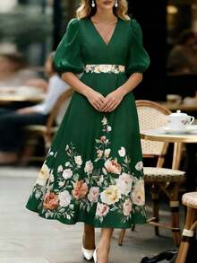 Vestido elegante de mujer con cuello en V, mangas abullonadas y estampado floral - Verde - Ver 7