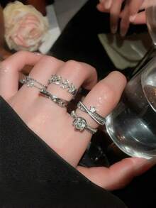 1pc/3pcs Luxury Fully Paved Crystal Adjustable Open Ring Set, Unique Design, Suitable For Daily Wear, Party, Graduation, Valentine's Day Gift, Women's Adjustable Open Ring - Silver 3 - View 9