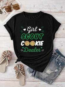 Conjunto de una pieza Cozy Comfy Lounge para primavera/verano [Recomendación de Nueva Llegada] Camiseta con estampado de Scout Cookie Dealer para niñas, informal para mujer, ideal para vacaciones, de manga corta, cuello redondo, primavera/verano, lavable a máquina, ropa nueva para mujer, versátil para salir, estiliza, deportiva y elegante para fiestas, regalo para las fiestas, ropa suave y relajada para el hogar. - Negro - Ver 1