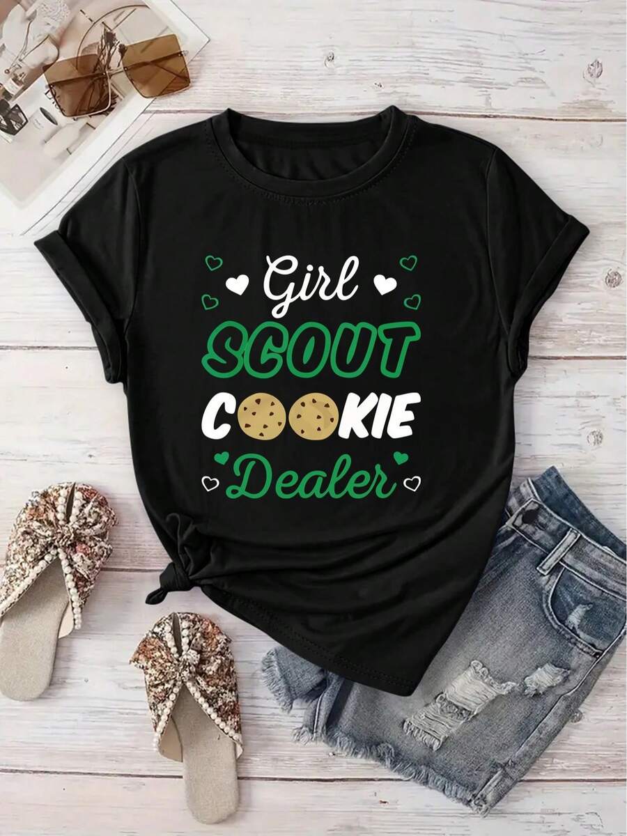 Conjunto de una pieza Cozy Comfy Lounge para primavera/verano [Recomendación de Nueva Llegada] Camiseta con estampado de Scout Cookie Dealer para niñas, informal para mujer, ideal para vacaciones, de manga corta, cuello redondo, primavera/verano, lavable a máquina, ropa nueva para mujer, versátil para salir, estiliza, deportiva y elegante para fiestas, regalo para las fiestas, ropa suave y relajada para el hogar. - Negro - Ver 1