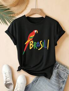 Camiseta Cozy Comfy Lounge para Mujer con Estampado Tropical de Loros Brasileños, Camiseta de Verano de Algodón Puro con Cuello Redondo para Mujer, Top Casual de Manga Corta, Estilo Único para Uso Diario, Corte Holgado, Transpirable y Suave, Perfecta para Conjuntos de Vacaciones, El Regalo Perfecto para Ella, Ropa de Casa Suave y Relajada. - Negro - Ver 1