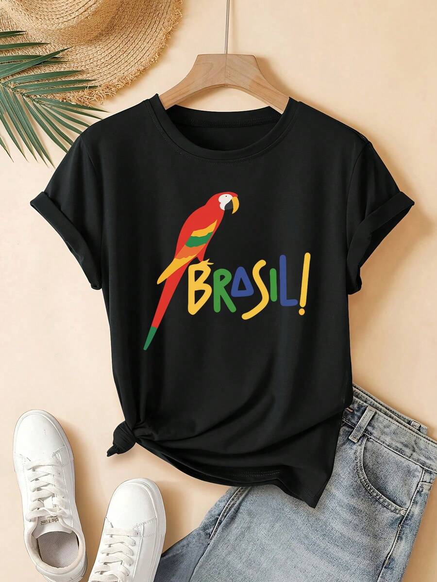 Camiseta Cozy Comfy Lounge para Mujer con Estampado Tropical de Loros Brasileños, Camiseta de Verano de Algodón Puro con Cuello Redondo para Mujer, Top Casual de Manga Corta, Estilo Único para Uso Diario, Corte Holgado, Transpirable y Suave, Perfecta para Conjuntos de Vacaciones, El Regalo Perfecto para Ella, Ropa de Casa Suave y Relajada. - Negro - Ver 1
