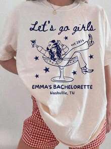 1 pieza Let's Go Girls, Camiseta Personalizada para Despedida de Soltera Estilo Western, Camiseta de Novia Vaquera, Camisetas Personalizadas Nashville Bach, Equipo Nupcial Campestre a Juego, Regalo Personalizado para el Día de San Valentín/Compromiso/Boda/Festividades/Vida Diaria, 180g Algodón 100% - Blanco - Ver 1