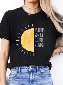 Men's T-Shirt Women's Casual Short Sleeve Round Neck Sports T-Shirt With Spanish Letter Print For Spring And Summer - 黑色 - 查看 1
