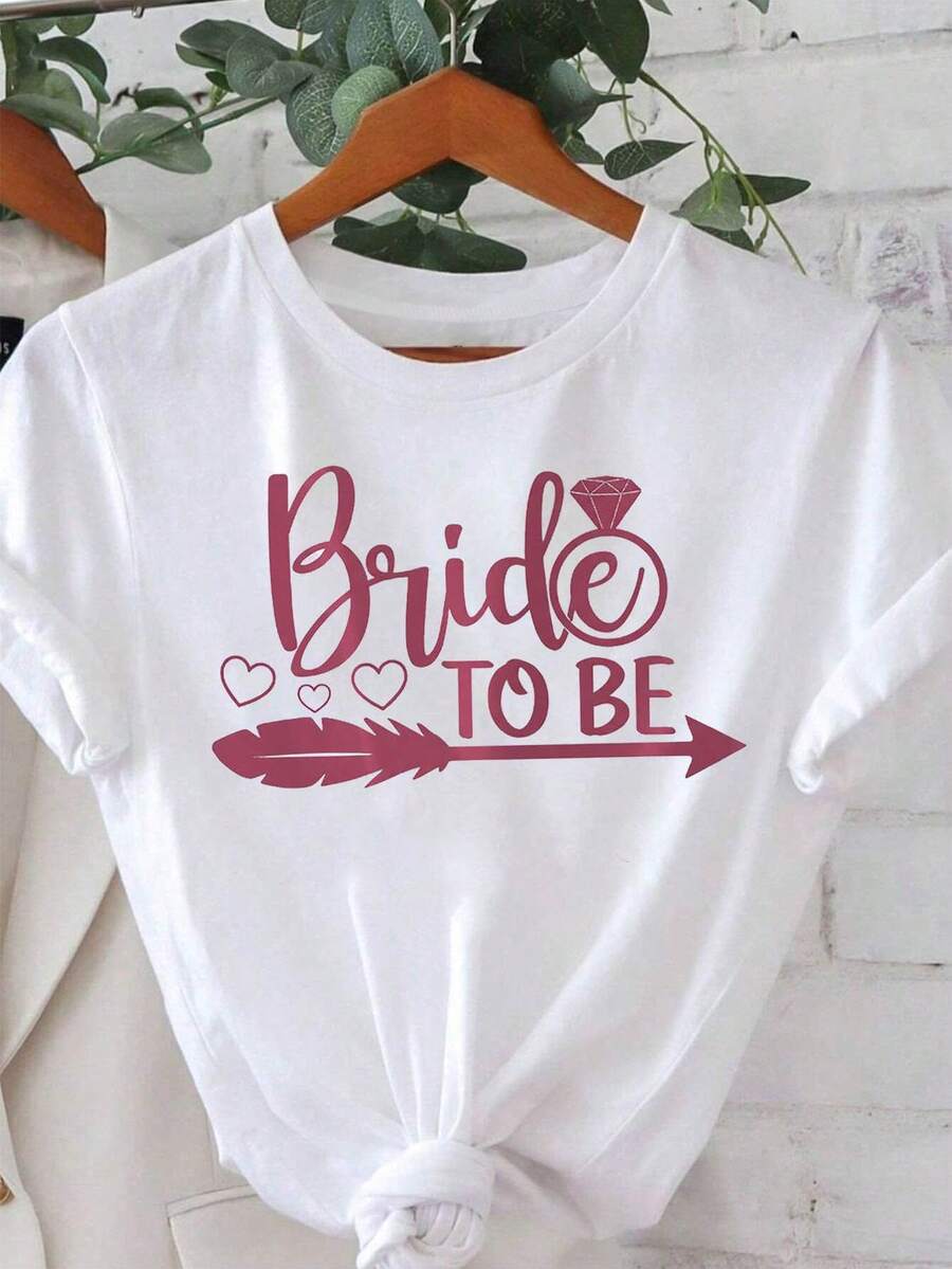 Women's Future Bride T-Shirt With Wedding Ring Print - Bachelorette Party Outfit, Elegant Short Sleeve Blouse For Spring Summer, Casual T-Shirt Suitable For Bachelorette Parties And Everyday Wear - 白色 - 查看 1
