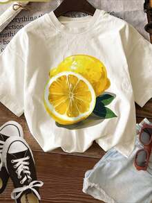 1 Lemon Print T-Shirt - White Loose Fit Casual Summer Blouse With Artistic Designs Of Whole And Sliced Lemons, Green Leaves, Stems And Fruit, Machine Washable, Can Be Combined With Branded Clothing (A Year-Round Wardrobe Essential) 180g 100% Cotton - 白色 - 查看 1