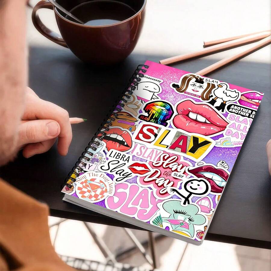 1pc A5 Spiral Notebook "SLAY" All-Weather Sticker Scrapbook/ Diary, Thick Ruled Journal/Fun Motivational Back-To-School Gift, Perfect For Student & Creative Writers - SLAY - View 1