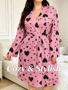 Women's Plus Size Long Sleeve Pink Heart Pattern Bathrobe With Belt, Ribbed Texture Loose Fit Morning Robe, Mid-Length Suitable For Summer, Spring And Autumn, For Bathroom, Gym, Hotel, Beach Vacation, Daily Essentials, Home And Travel, Holiday Gift - Multicolor - View 3