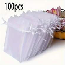 100 túi quà tặng bằng vải organza trong suốt có dây rút, thích hợp đựng quà cưới, quà tặng tiệc tùng, trang sức, kẹo và đồ trang trí, túi quà cưới | túi quà | khóa dây rút, túi quà nhỏ - Trắng - Xem 5