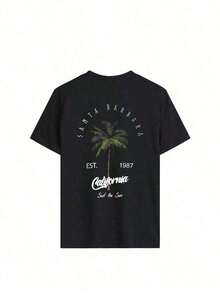 Women's Short-Sleeved T-Shirt, Casual Style, Round Neck, Palm Tree And Letter Print, Holiday Style, White And Pink, 100% Cotton, Urban Casual Style. - 黑色 - 查看 3