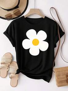 Women's Casual Short Sleeve Crew Neck T-Shirt, Suitable For - Soft And Stretchy Fabric With Daisy Print, Blouse For Casual Outfit, Machine Washable Top - 黑色 - 查看 1