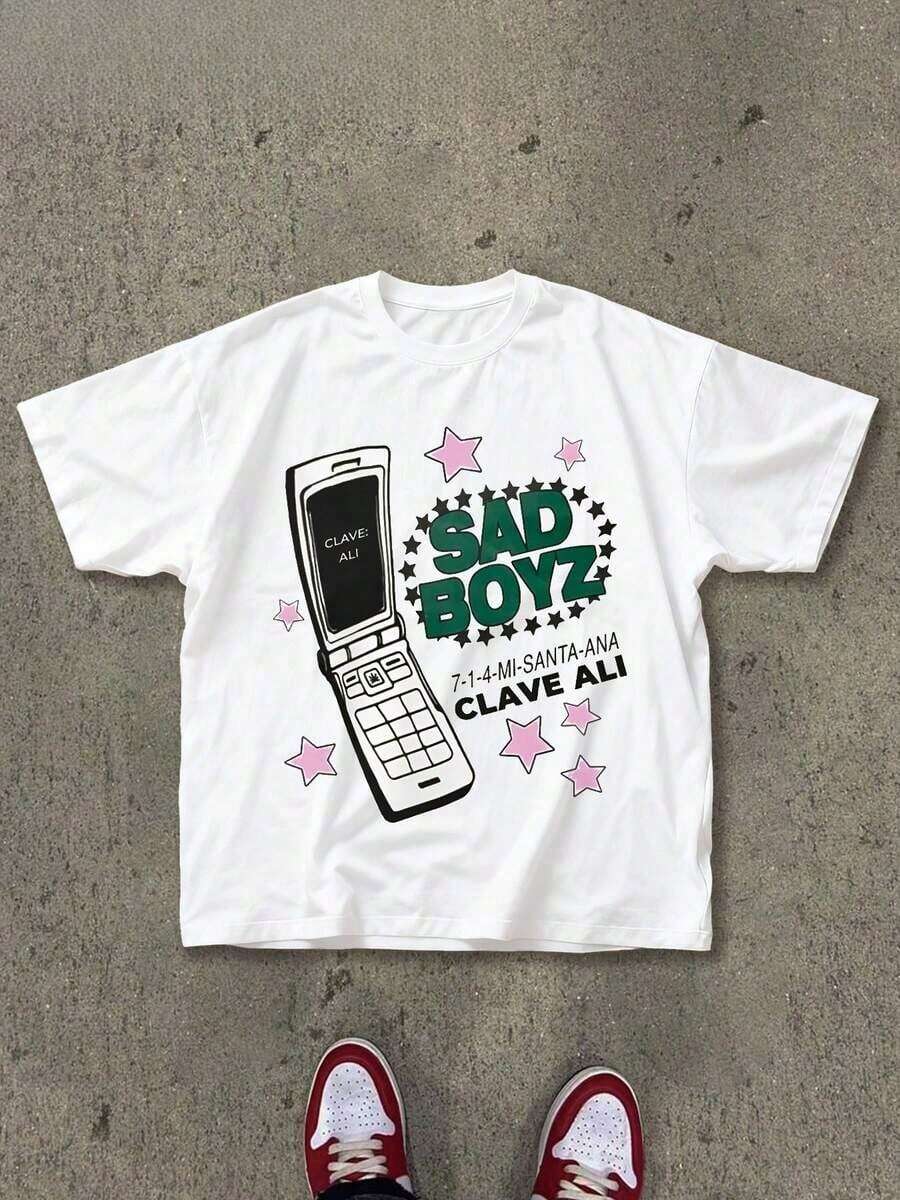 Threadbear (Pure Cotton T-Shirt) "Sad Boyz" With Retro Phone Print And Pink Star - Men's Pure Cotton Short Sleeve T-Shirt, Casual And Modern Style, Loose, Comfortable, Breathable And Soft, Suitable For Daily Leisure Outdoor Activities For Men And Women. - 白色 - 查看 1