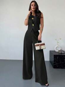 Nuevo conjunto de primavera para mujer de 2 piezas con chaleco asimétrico de botón metálico de textura de lino color caqui y pantalones anchos de cintura alta estilizadores, elegante vestimenta de oficina - Negro - Ver 8