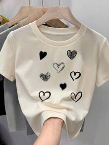 Women's 100% Cotton T-Shirt, Soft And Comfortable, Short Sleeve, Crew Neck, With A Heart Print In Different Textures. Valentine's Day, February 14th - Vintage Street Style Unisex Cotton Short Sleeve Crew Neck T-Shirt - 杏色 - 查看 6