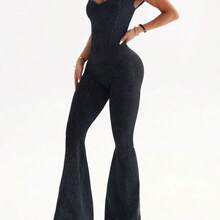 Slayform 1pc Women's Seamless Washed Matte Sweetheart Collar Butterfly Sleeve Slimming Yoga Exercise Dance Gymnastics Jumpsuit Flare Pants - Negro - Ver 5