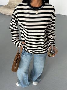 SDNGED Women's Casual Top, Striped Color Block Ribbed Fabric, Everyday Wear Spring/Autumn - Black Apricot Wide Stripes - View 9