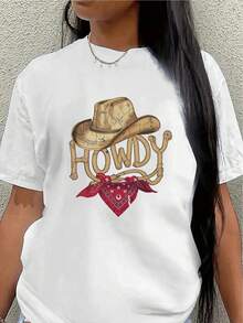 This Short-Sleeved Polyester T-Shirt, Featuring A Cowboy Hat And Bandana Design With The Word "Howdy," Is Lightweight And Durable, Perfect For Casual Wear At Home, In Restaurants, Or Outdoors. It's Comfortable And Has A Great Fit For Everyday Wear. The Printed Design Is Simple, Versatile, And Has A Relaxed Fit With A Fitted Crew Neck. - 白色 - 查看 1