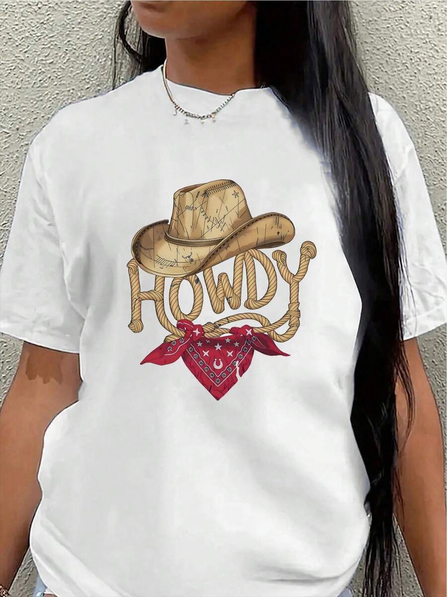 This Short-Sleeved Polyester T-Shirt, Featuring A Cowboy Hat And Bandana Design With The Word "Howdy," Is Lightweight And Durable, Perfect For Casual Wear At Home, In Restaurants, Or Outdoors. It's Comfortable And Has A Great Fit For Everyday Wear. The Printed Design Is Simple, Versatile, And Has A Relaxed Fit With A Fitted Crew Neck. - 白色 - 查看 1