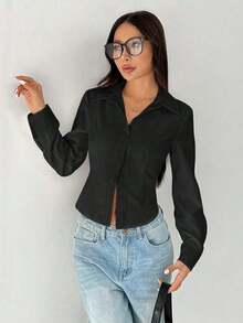 Camisa básica de manga larga informal con cintura recogida - Negro - Ver 3