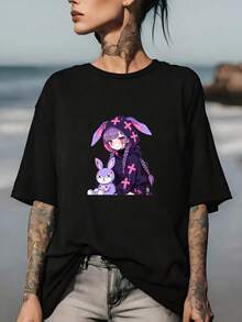 Cute Anime Bunny T-Shirt 180g, Comfortable For Family Gatherings And Office Parties, Perfect Gift For All Occasions, Casual Summer Blouse For Women - 黑色 - 查看 7