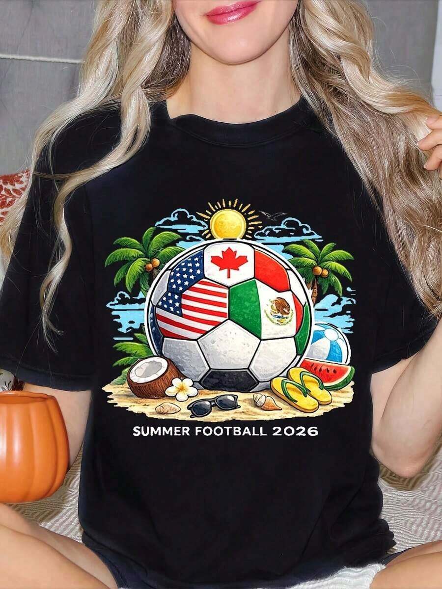 Soccer Ball With Flags And Beach Items, 2026 World Cup Jersey, USA, Canada And Mexico Soccer Jersey, Unisex Gift For Fans On Match Day, Soccer Jersey, World Cup Jersey, Suitable For Sporting Events And Other Holiday Gifts, The Perfect Choice For Soccer Fans. - 黑色 - 查看 1