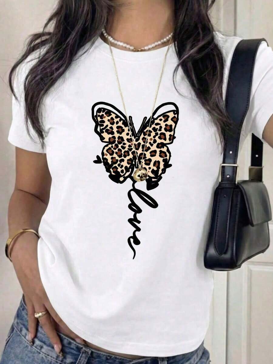 New Fashionable Women's Casual T-Shirt With Leopard And Butterfly Print, White, Short Sleeve And Round Neck, Made Of Pure Cotton, Regular Fit, Suitable For Everyday Wear - Unisex Cotton T-Shirt, Urban Vintage Style, Loose Fit, Short Sleeve And Round Neck. - 白色 - 查看 1