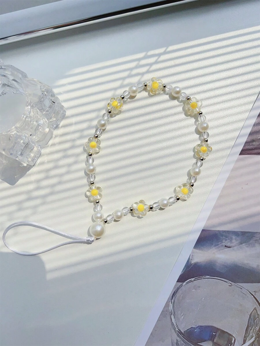 1 pieza Joyería delicada con flor amarilla y perlas, un regalo para la novia - Pequeñas cuentas de plata, amarillas - Ver 1